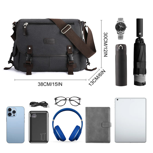 Messenger Bag for Men – Retro Canvas Satchel, Water-Resistant Crossbody Briefcase, Fits 13-inch Laptop, Ideal for College & Casual Use