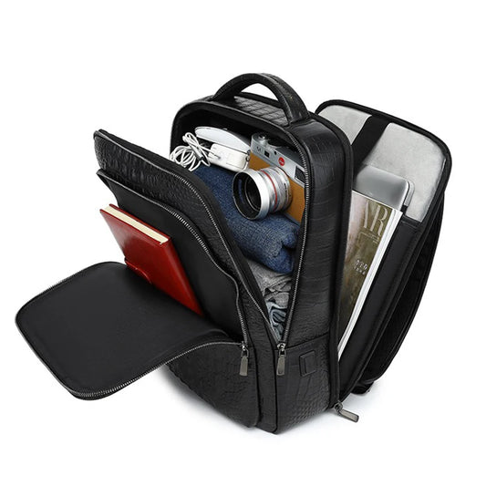 Men's Genuine Leather Laptop Backpack – Large Capacity 16-Inch Business Travel Bag with Crocodile Pattern, Waterproof Design