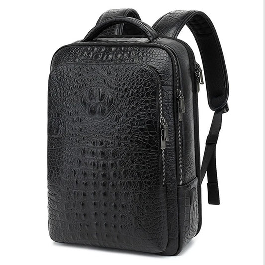 Men's Genuine Leather Laptop Backpack – Large Capacity 16-Inch Business Travel Bag with Crocodile Pattern, Waterproof Design